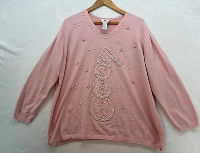 Quaker Factory Women's Plus Size 1X Pink Snowman Sweater Pearl Embellished - Image 1 of 4