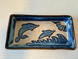 Unique Dolphin Pottery Rectangle Trinket Dish 6.5" x 3.5" Signed - Picture 1 of 3