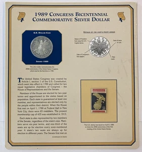 1989 S Congress Bicentennial Commemorative Silver Dollar w/ Stamp Panel Item#1K - Picture 1 of 2