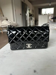Chanel Black Mini Flap Bag Quilted Patent Leather Rectangular Crossbody - Picture 1 of 10