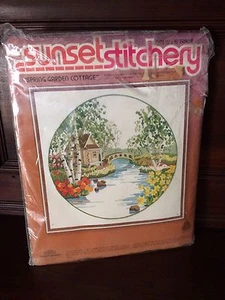 Sunset Stitchery Kit NIP Spring Garden Cottage Vintage Wool 1978 Gerrish 16 X 16 - Picture 1 of 6