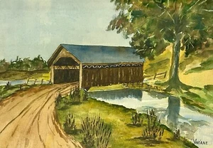 Original Watercolor Painting On Paper Old Covered Bridge Landscape Signed Vivian - Picture 1 of 6
