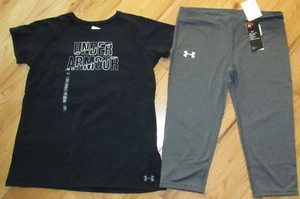 Under Armour schwarz Wortmarke Logo Top & grau Caprihose Legging Set Neu mit Etikett Mädchen XL YXL - Bild 1 von 1