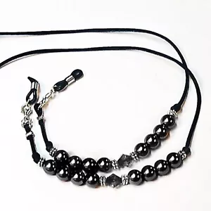 Reading eye glasses spectacle beaded holder lanyard black on black - Foto 1 di 5