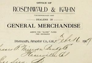 Plymouth Amador County CA General Store Rosenwald Kahn Billhead Placerville 1907 - Picture 1 of 5