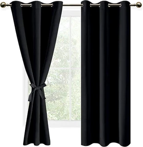 Black Blackout Curtains for Bedroom Sewn with Tiebacks - Thermal Insulated Light - Picture 1 of 12