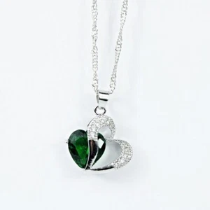 WHITE GOLD FINISH Created Diamond Emerald Double Interlocking Heart Pendant - Picture 1 of 7