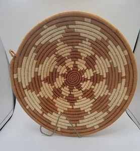 Handmade Woven Basket African Boho Wall Art Table Decor 11" Round Tans Browns - Picture 1 of 6