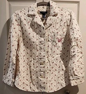 CHAPS Womens Pajama TOP Size Medium Cream Red Floral 100% Cotton Button Front - Picture 1 of 9