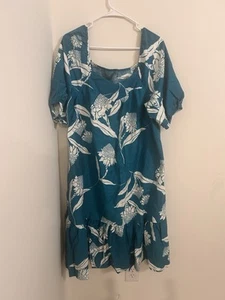 Vtg Hilo Hattie Teal Blue floral Ruffle Cotton Mumu Dress Made In Hawaii XL - Picture 1 of 6
