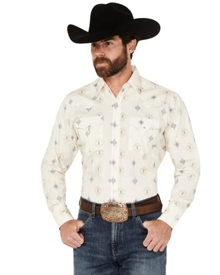 Ely Walker Men's Southwestern Print Long Sleeve Pearl Snap Western Shirt Cream - Image 1 of 4