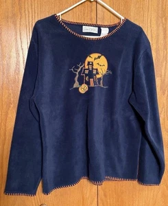 Vintage ERIKA SPORT Wm Sz M Halloween Blue Embroidered Fleece Sweatshirt 90s Y2K - Picture 1 of 11