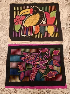  2 Vintage Mola Rückseite Applikation Textil Volkskunst Stoffpaneele Vögel Papagei Tukan - Bild 1 von 8
