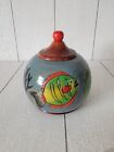 Vintage Handpainted And Carved Wooden Trinket Bowl W/ Lid Colorful Fish Design 