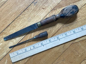 vintage LOT-o-2 wood-handle screwdrivers antique 1900 old tools usa brass steel - Picture 1 of 10
