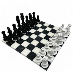 Set di Scacchi in Marmo Bianco e Nero con Scacchiera in Alabastro Chess Set 35cm - Picture 1 of 9