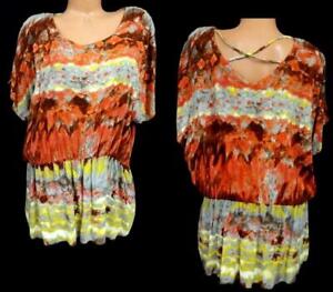 Cato red abstract print caged back women's short sleeve peplum top 18/20W