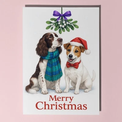 SMART JESTER Spaniel Jack Russell Dogs - Mistletoe - Christmas Card & Envelope - Personalised