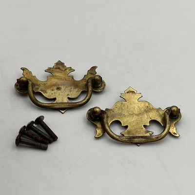 Lot of 2 Chippendale Batwing Brass Drawer Pulls with Handles Attached Screws - Image 1 of 4