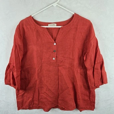 C Valentyne Red 100% Linen Bell Sleeve Pullover Tunic Top One Size Lagenlook - Image 1 of 4