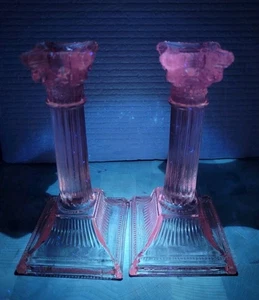 Vintage Pair Lancaster Selenium Pink Depression Glass Candlestick Holders Rare! - Picture 1 of 12