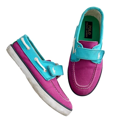 Ralph Lauren Girls Sander Ez Canvas Shoes Size 1 Purple Blue Green Color Block - Image 1 of 4