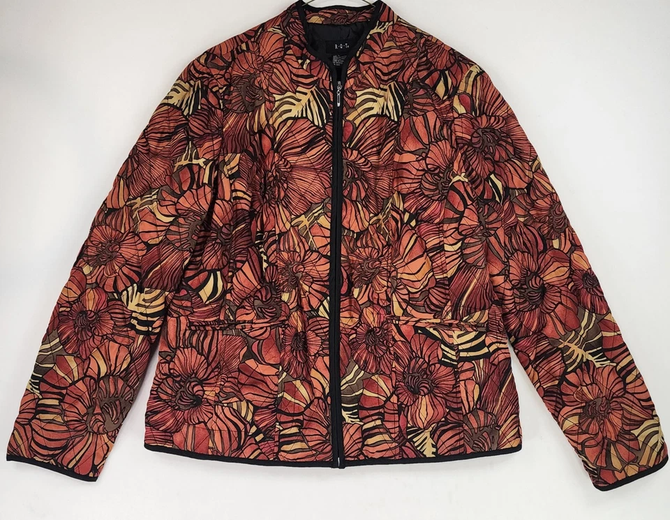 Chaqueta R Q T Mujer Grande Naranja Negra Floral Grannycore Acolchada Boho Cremallera Completa Foto 1 de 4