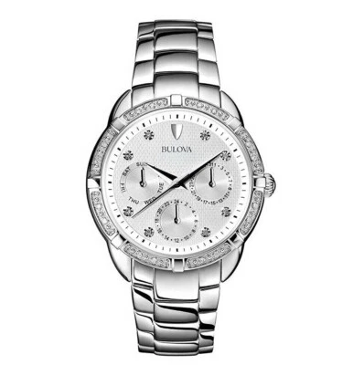 Reloj Bulova 96R195 Día/Fecha 24 Diamantes Tono Plata Damas NUEVO ~ Gran Regalo $499 Foto 1 de 3