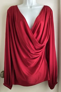 ST. JOHN Red Silk Stretch Faux Wrap Cowl V-neck Long Sleeve Blouse Size 12 - Picture 1 of 4