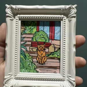 Sitzende Katze lustig, süß, Original, Miniatur Gemälde, klein, mini, gerahmt - Bild 1 von 8