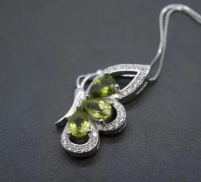 Pear Cut Simulated Peridot Pretty Butterfly Charm Pendant 14k White Gold Plated - Image 1 of 4