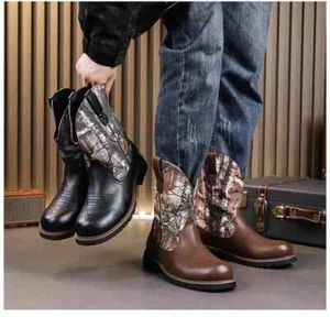 New High Top Boots Mens Embroidery Mid Calf Round Toe Leather Western Work poots - Picture 1 of 16