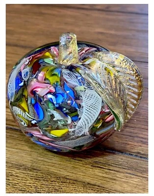MURANO Paperweight Dichroic Scattered  APPLE Original Tag Ribbons VG 3x3“ - Image 1 of 4