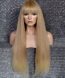 Human hair blend Full Wig Straight Blonde mix Ombre Heat OK Bangs WEMG 27-613 - Picture 1 of 5