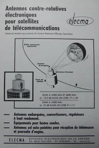 10/1967 PUB ELECMA SNECMA ELECTRONIQUE ANTENNE SATELLITE TELECOM CNES FRENCH AD - Picture 1 of 1