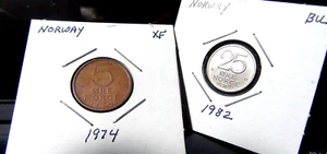 1974 Norway 5 Ore and 1982 25 ore World Norwegian Coins (2) - Picture 1 of 5