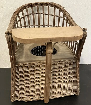 古董维多利亚柳条便盆椅带托盘藤 15 英寸 H | 植物架 罕见 — 第 1/4 张图片