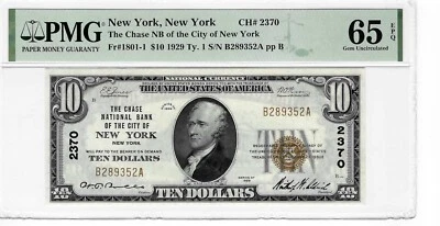 FR# 1801-1 1929 Ty 1 $10 New York, New York Chase NB Note CH 2370 PMG 65 EPQ GEM - Image 1 of 2