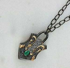 Natural Diamond Padlock Necklace 925 Sterling Silver Everyday Fashion Pendant. - Picture 1 of 12
