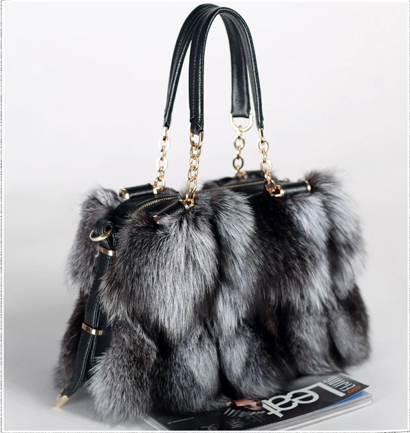 Новый подлинный Fox меха сумки Серебряный Fox меха сумка Pathwork реальный мех Дамская сумка леди - Изображение 1 из 1