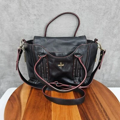 Pour La Victoire Crossbody Bag Black Leather Red Edging Blue Interior Handle Zip - Image 1 of 4