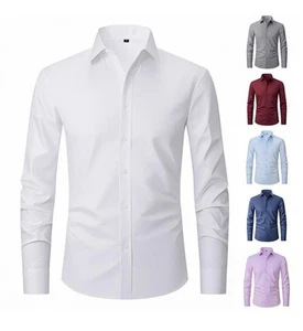 Camisas de vestir informales de calce regular mangas largas elásticas sin hierro para hombre - Imagen 1 de 28