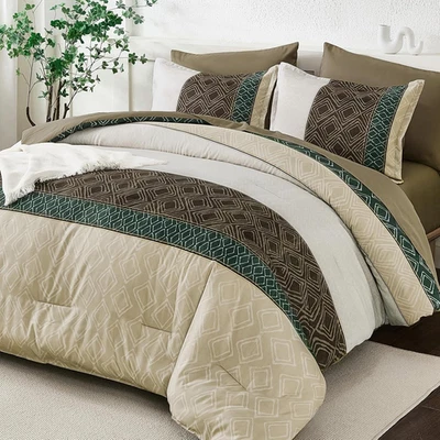 Queen Comforter Set Khaki Boho,7 Piece Bed in a Bag Queen Size Warm Striped Bedd - Image 1 of 4