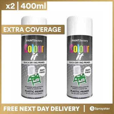 x2 Paint Factory Multi-Purpose Colour It Spray Paint 400ml Plastic Primer Matt - Image 1 of 2