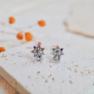 Simulated Tiny Colorful Gemstone Ferris Wheel Stud Women's Earrings 935 Silver - Picture 1 of 8
