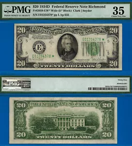 1934D $20 FRN Richmond stella PMG 35 rara 4 conosciuta - 2° grado più alto Fr 2058-EW* - Foto 1 di 5