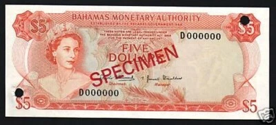 Bahamas 5 DOLLARS P-29 1968 Queen ♛ Elizabeth QEII RARE Specimen UNC Ship NOTE - Image 1 of 3