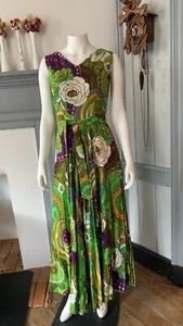 vintage 1960s Palazzo Pants Jumpsuit psychedelic floral green wide leg maxi vtg - Picture 1 of 24