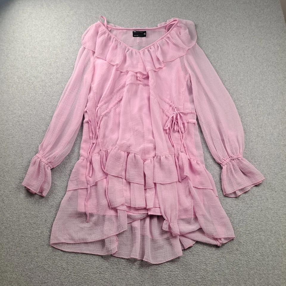 ASOS платье женщин 6 розовый оборки шифона чистый марлевый кокетка фея галстук Y2K богемное - Изображение 1 из 4