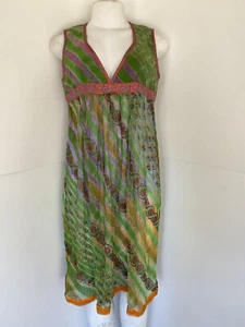 ALKA VORA Green Purple Multi Sleeveless Boho V neck Dress Size M - Picture 1 of 8